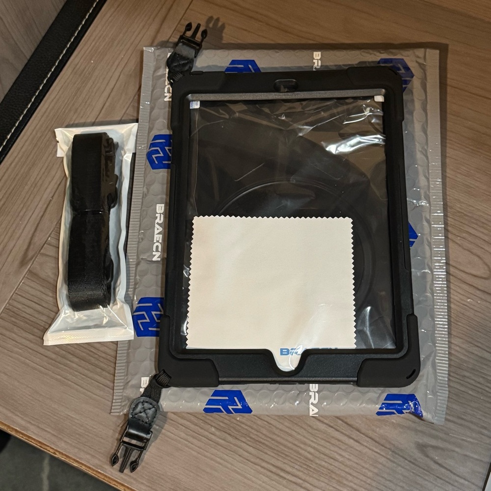 Black iPad 9.7” Case with neck strap, kickstand, protective screen cover, NEW